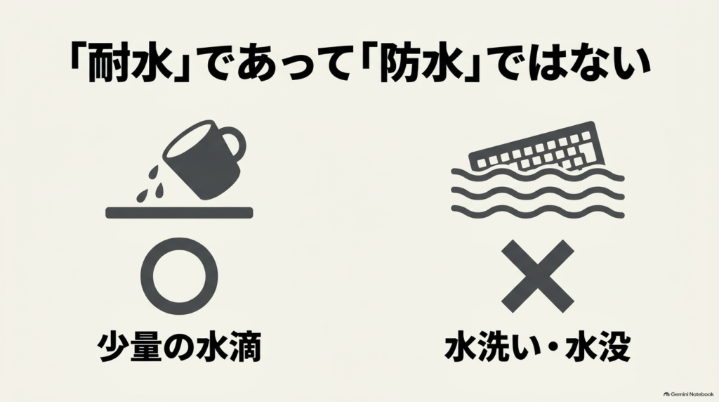 ロジクールK295は耐水設計だが完全防水ではないことを説明する図。少量の水滴への配慮を丸印、水洗いや水没は不可であることをバツ印で比較